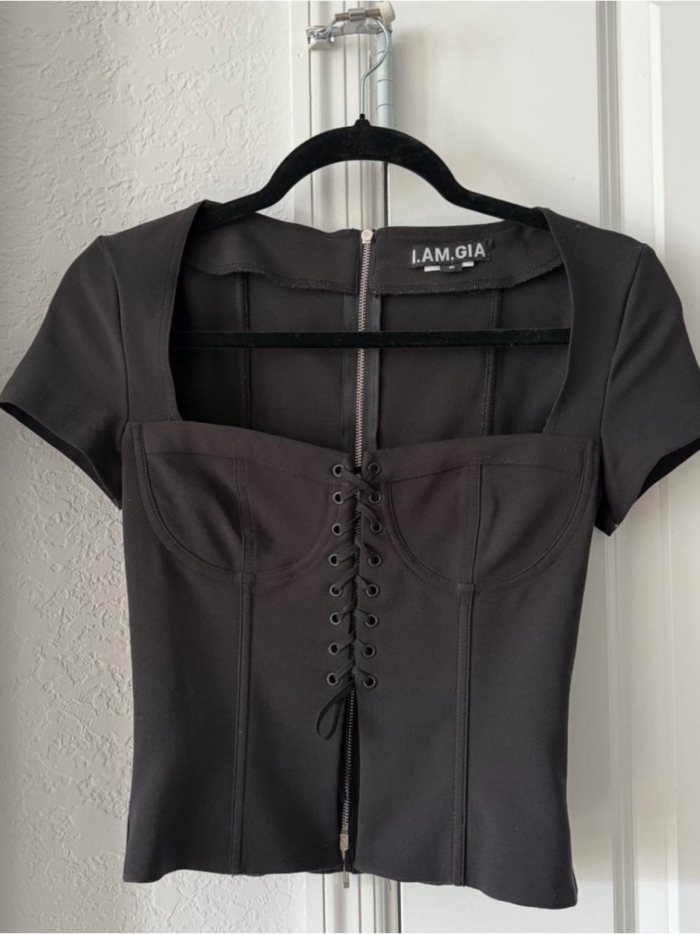 I.AM.GIA Black Lace-Up Corset Tee